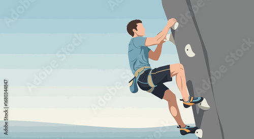 Adventure Climber Ascending A Rock Face, Achieving Zenith And Overcoming Challenges