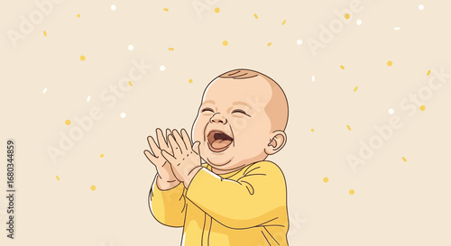 Adorable Baby Laughing and Clapping Hands with Confetti on a Soft Background