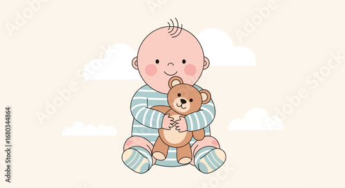 Adorable Baby Joyfully Clutching Stuffed Teddy Bear Surrounded By Playful Cloud Ambiance Design