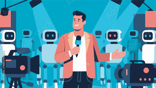 Illustration of TV Host Facing a Robot Design Template with Studio Background