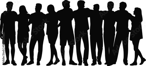 Group of people silhouette, friends together, diverse crowd, social gathering, teamwork unity, casual pose, standing side by side, black outline, community, friendship bond, support, outdoors