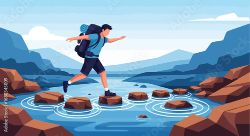 Adventure Journey: A Hiker Navigates A River in Scenic Landscape Illustration