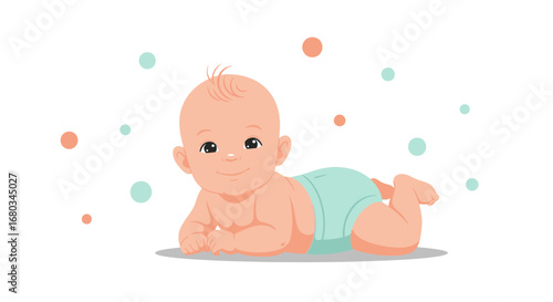 Adorable baby lying on its stomach with a diaper and colored dots in the background