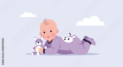 Adorable baby lying on stomach with teddy bear toy and cute cartoon graphics