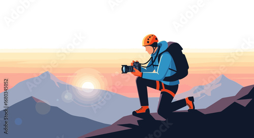 Adventure Photographer Capturing Majestic Mountain Landscape At Sunrise With Artistic Flair