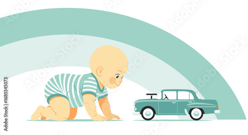 Adorable baby observing a classic car, depicting concept of childhood and play