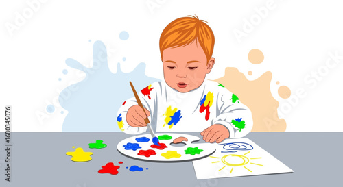 Adorable baby painting with brush and palette, creating colorful artwork on paper cheerfully
