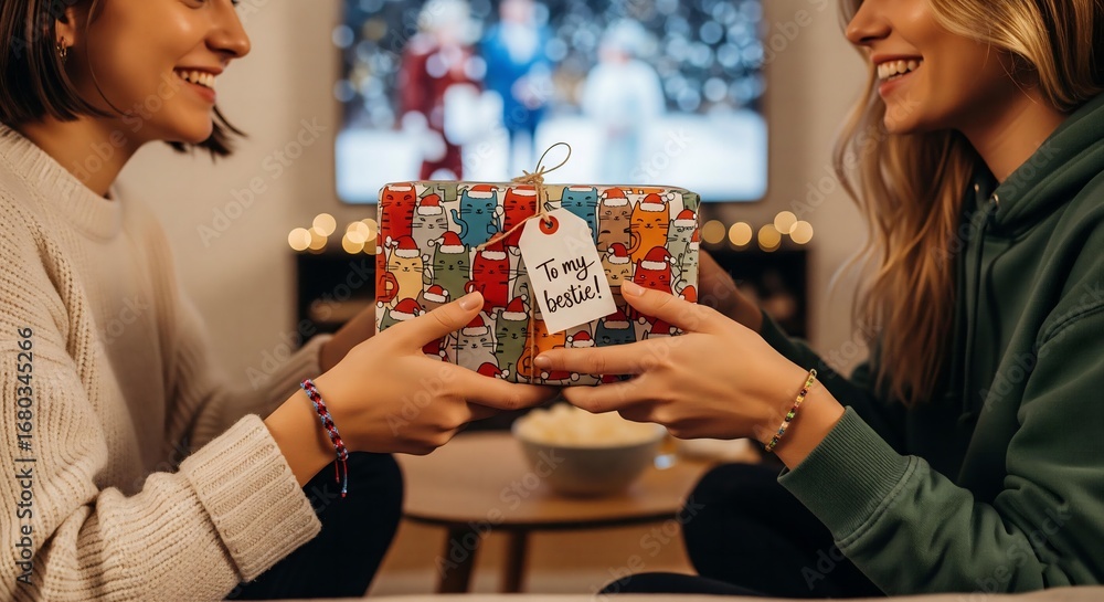 Fototapeta premium Holiday Comforts: Two Friends Exchange a Gift While Enjoying a Classic Christmas Movie on a Cozy Sofa.