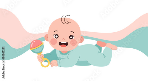 Adorable Baby Playing with a Rattle, Happy Smiling Infant Concept Illustration