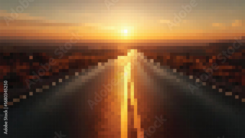 Road stretches towards the horizon during a vibrant sunset, casting long shadows and creating a sense of journey and adventure.Pixel mosaic style background.