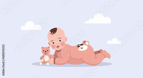 Adorable Baby Playing with a Teddy Bear on a Blue Background in Childcare Setting.