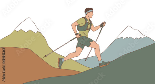 Adventure Seeker Conquering Mountains Illustrating Trail Running Marathon In Action