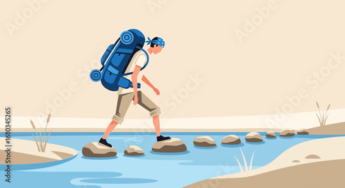 Adventure Seeker Crossing Lake Via Stepping Stones Representing Journey And Quest