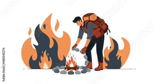 Adventure Seeker Building Campfire Outdoors Near Orange Blue Flames Graphic Design