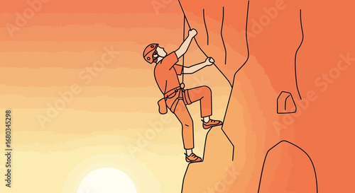 Adventure Seeker Embarks On Mountain Climb During Sunset Orange Landscape Scene
