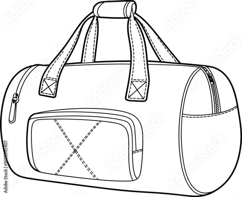 Vector illustration of duffle bag with handles and zipper, black and white gym bag line art, travel accessory, fitness gear, sports equipment storage design