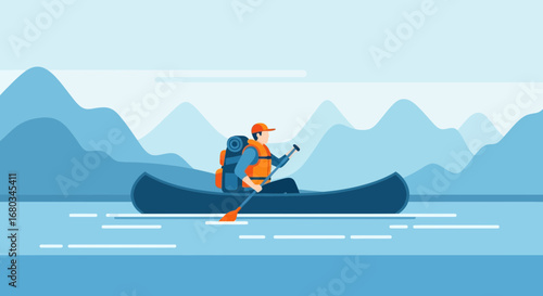 Adventure Seeker Paddling In A Canoe With Mountains In The Background During The Day
