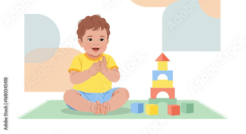 Adorable baby playing with building blocks and smiling happily in a colorful illustration
