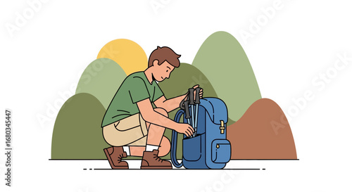 Adventure Seeker Prepares Gear, Nature Hike, Mountain Expedition, Outdoor Exploration Plan