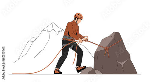 Adventure Seeker Secures Rope Before Climbing, Illustrated Against a Mountain Background