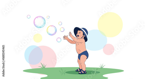 Adorable baby playing with colorful bubbles outdoors on a beautiful sunny day
