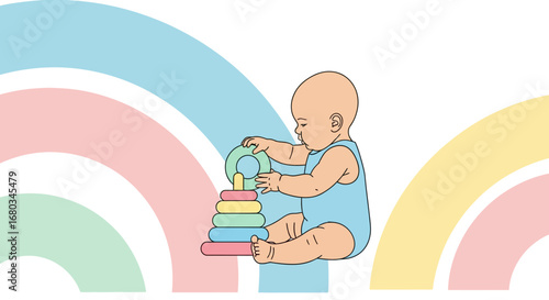 Adorable baby playing with colorful stacking rings toy on a whimsical rainbow background