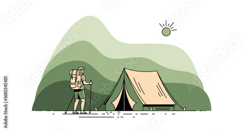 Adventure Seeker Standing Near Camp, Ready To Discover Nature's Breathtaking Wonders