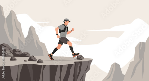 Adventure Sport: Runner Overlooking Rugged Terrain Before Dramatic Rocky Mountains Backdrop
