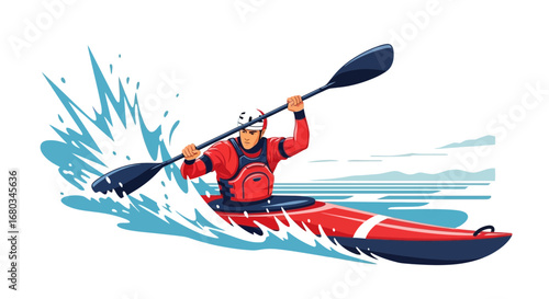 Adventure Sports Kayaking Illustration Depicting a Man Paddling Through Water with Speed