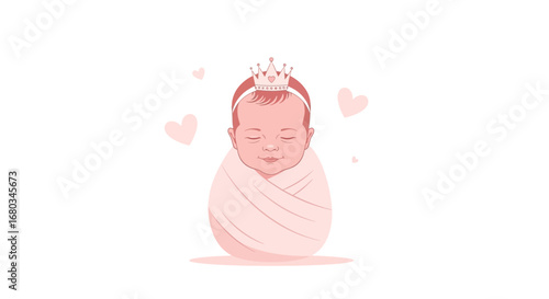 Adorable Baby Princess Swaddled in Soft Pink, Lovely Infant with a Crown and Hearts
