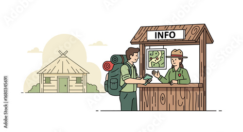 Adventurer Acquires Information from Park Ranger at Wooden Booth Before Hiking Expedition