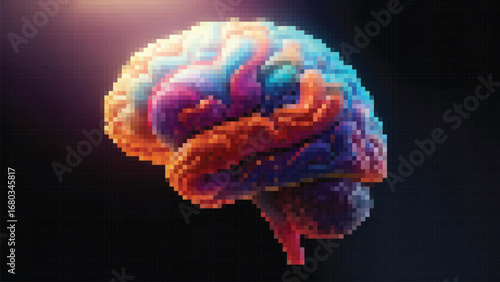 Pixelated brain glows with vibrant colors against a dark void, representing intelligence and the power of the human mind, creating a futuristic and thoughtprovoking image, pixel art style.