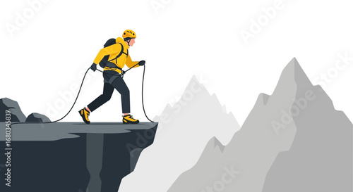 Adventurer Ascending Rocky Cliff Overlooking Dramatic Mountain Range Illustration