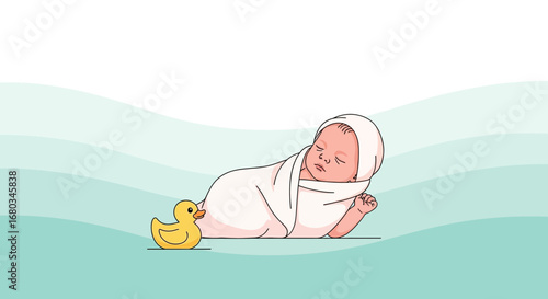 Adorable Baby Resting Peacefully Beside Bright Yellow Rubber Duckling in Cozy Setting