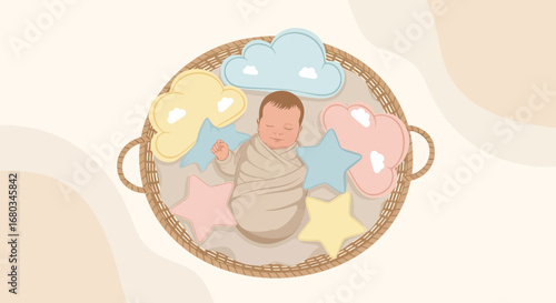 Adorable Baby Resting Peacefully Amongst Soft Clouds And Stars In A Woven Basket