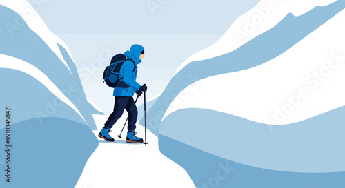 Adventurer Ascending Mountain Pass During Winter Snow, Exploring the Wilderness Outdoors