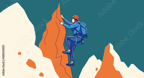 Adventurer Ascending Rocky Cliffs Achieving Summit, Illustrating Courage, Ambition and Drive