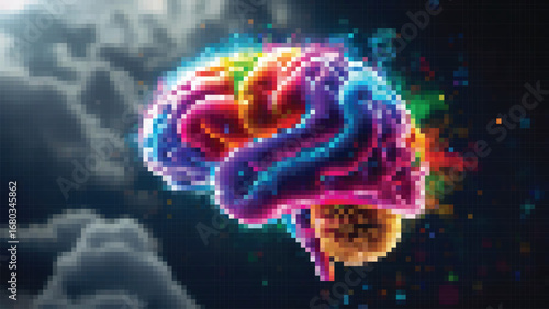 Colorful brain emitting vibrant energy against a dark, cloudy sky, symbolizing creativity, intelligence, and the power of the human mind, pixel art style.