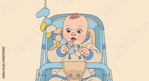 Adorable Baby Seated and Playing with Toy in a Stroller, Cartoon Illustration