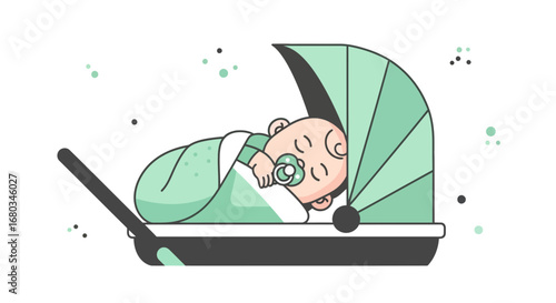 Adorable Baby Sleeping Peacefully in a Green Stroller, Ready for a Nap