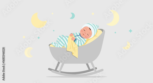 Adorable baby sleeping peacefully in a cradle with soft lighting and nighttime themed illustrations