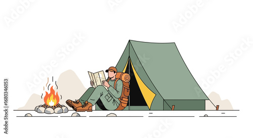 Adventurer Camping Beside Forest Fire And Planning Route With Backpack And Tent, Outdoor Life