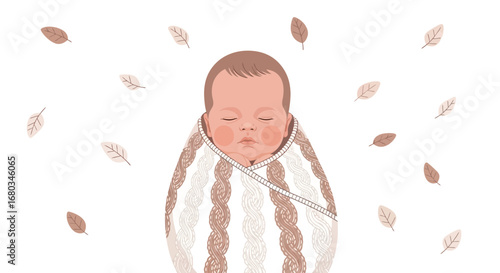 Adorable Baby Sleeping Peacefully in a Knitted Blanket Surrounded by Autumn Leaves
