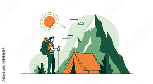 Adventurer Camping, Preparing For Exploration, Surrounded By The Natural World