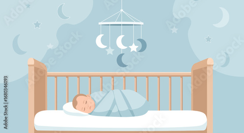Adorable Baby Sleeping Peacefully in Crib: A Peaceful Nighttime Scene Illustration