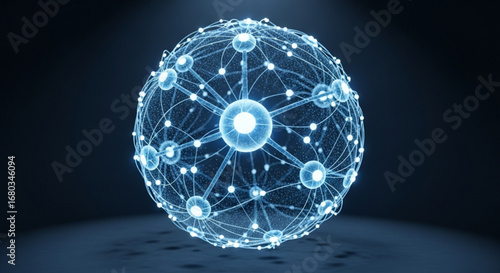 Network connection technology concept with glowing nodes and lines for data transfer and ai sphere