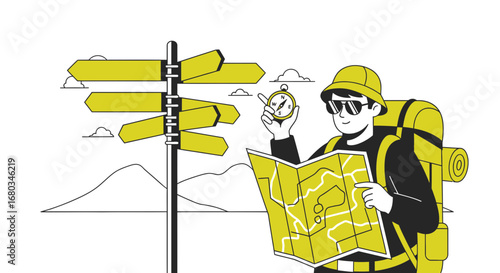 Adventurer Choosing Direction: Exploring, Compass, Map, Signpost, Hike, Travel, Outdoors