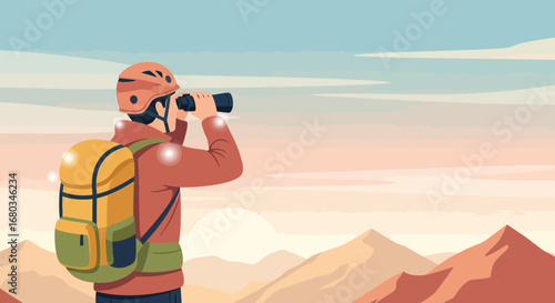 Adventurer Climbing a Mountain Searching with Binoculars to Explore the Horizon
