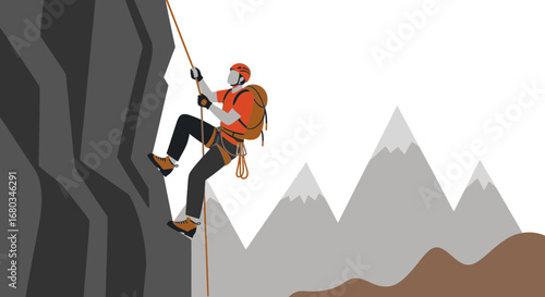 Adventurer Climbing Rock With Rope And Backpack In Front Of Mountain Range Scene