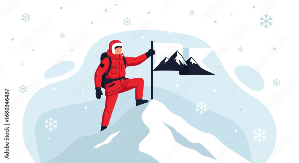 Obraz premium Adventurer Climbs Snowy Summit, Achieving Mountain Peak, Winter Hiking, Cold Weather
